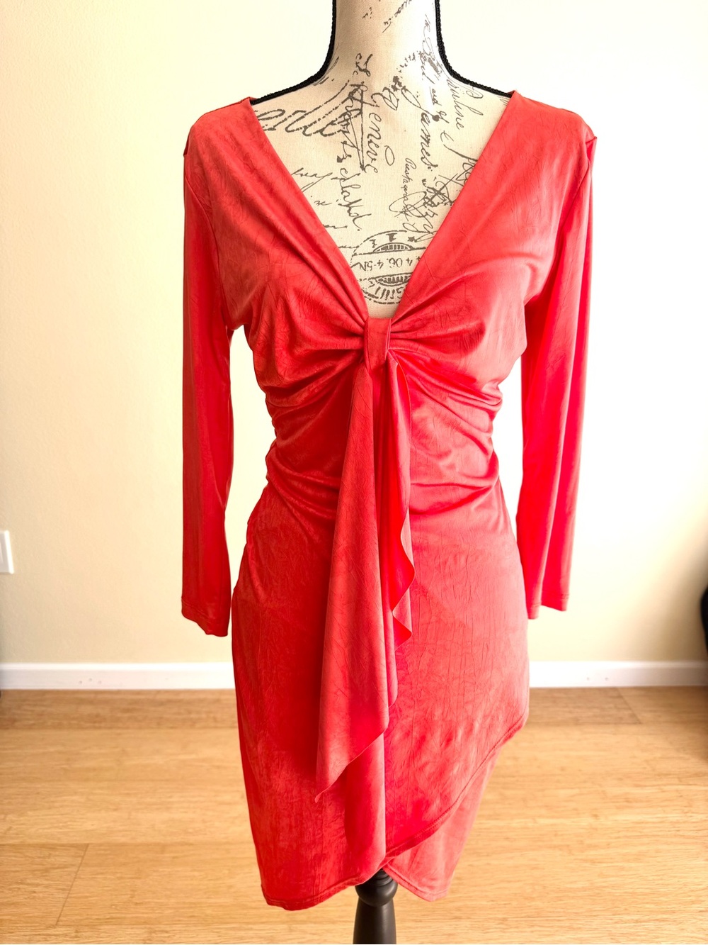 Orange-Coral Tie-Front Long Sleeve Dress